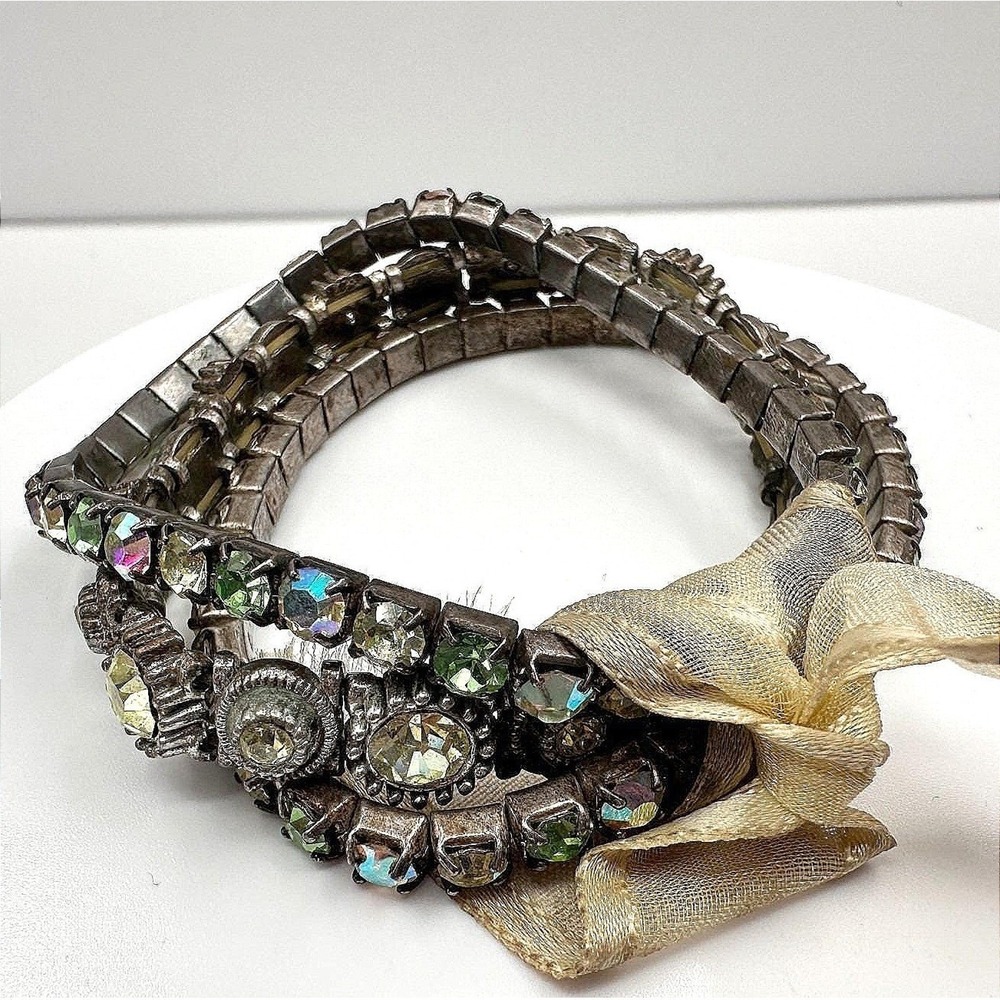 Vintage Silver Tone Green Aurora Borealis Rhinestone Stretch Bracelet Set Retro